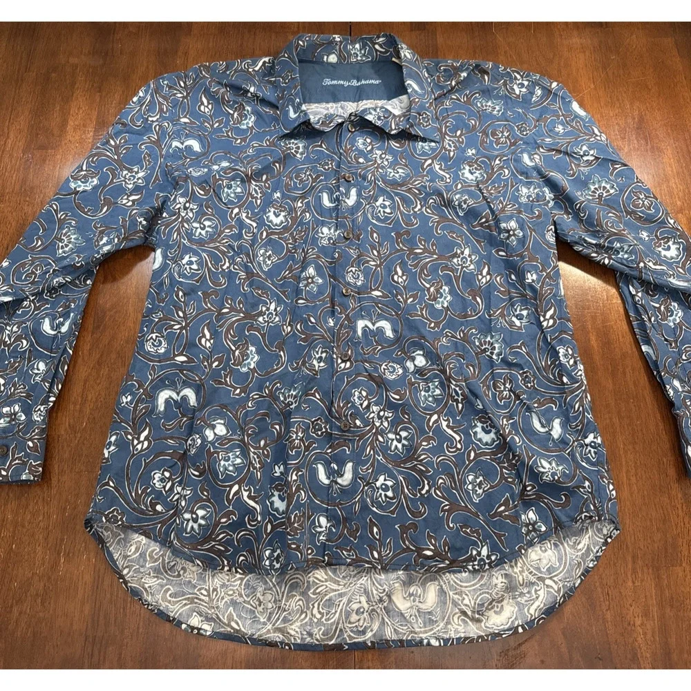 Tommy‎ Bahama Blue Floral Long Sleeve Button Shirt Men's XXL